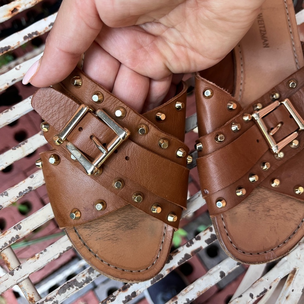 Stuart Weitzman Brown Sandals with Gold Studs